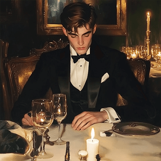 A photo to cartoon anime portrait painting of a man in formal evening dress sitting by a dinner table. The candle-lit dining room is vintage, luxurious and ambient.