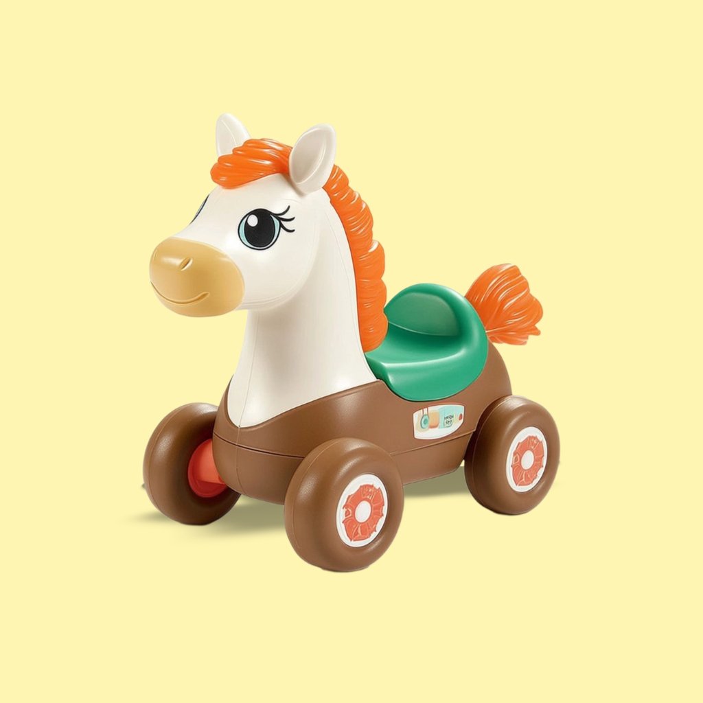 An e-commerce product image of a baby rocking horse toy displayed on a wool carpeted floor inside a home.