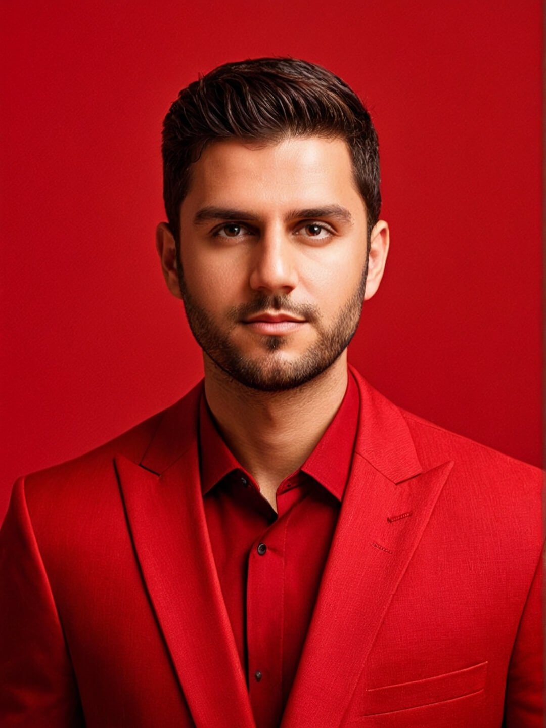 A handsome male celebrity wearing a red suit, looking directly at the camera, The background is reddish-brown.