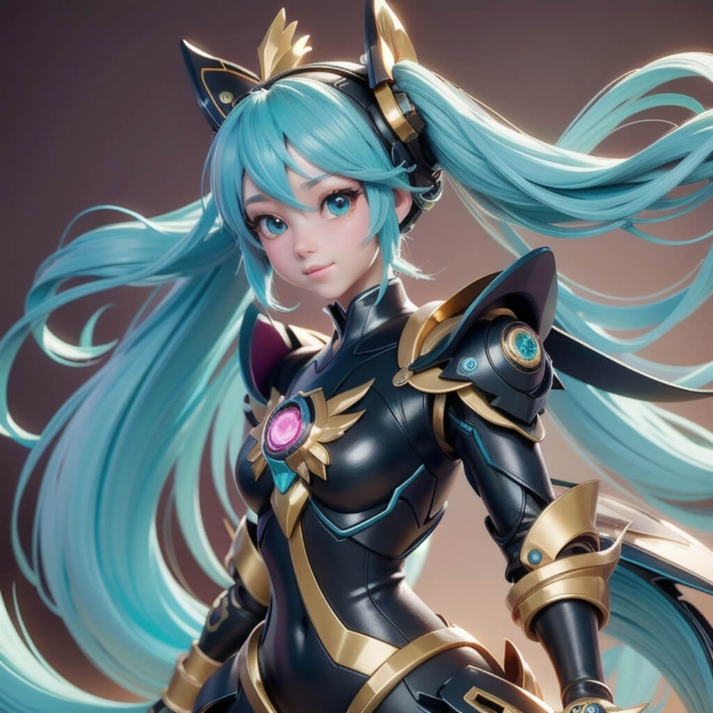 Hatsune Miku as an anime girl in the style of ghostly forms, futuristic robots, dark aquamarine and gold, charming character illustrations, fawn inspired, shiny and glossy, high-resolution, hyper-realistic details