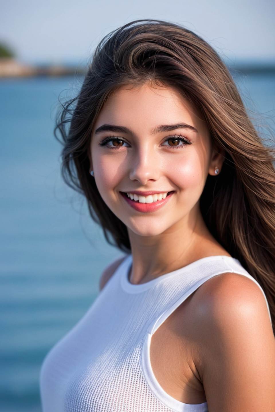 A dating profile picture headshot of a young Caucasian woman by the sea