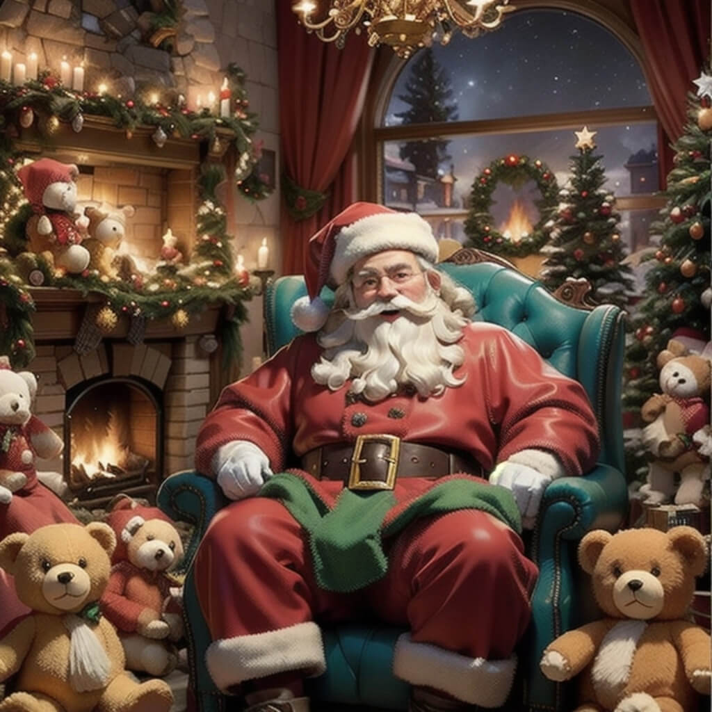 A realistic photograph of Santa Claus sitting in an armchair, surrounded by teddy bears, with a fireplace and Christmas tree visible behind him. The room is decorated for Christmas