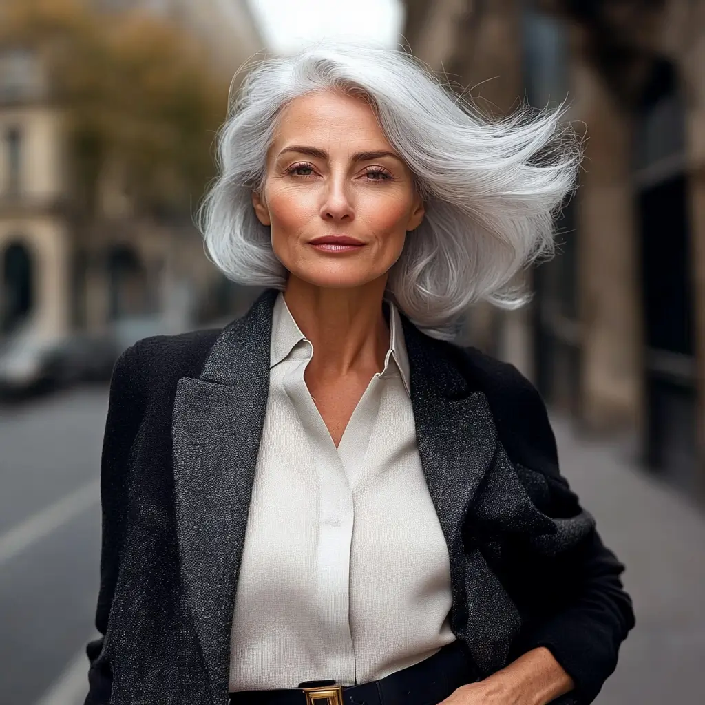 A game CG style photo to cartoon portrait painting of a silver-haired professional woman standing in the street. She wears professional attire and is looking confidently into the camera.