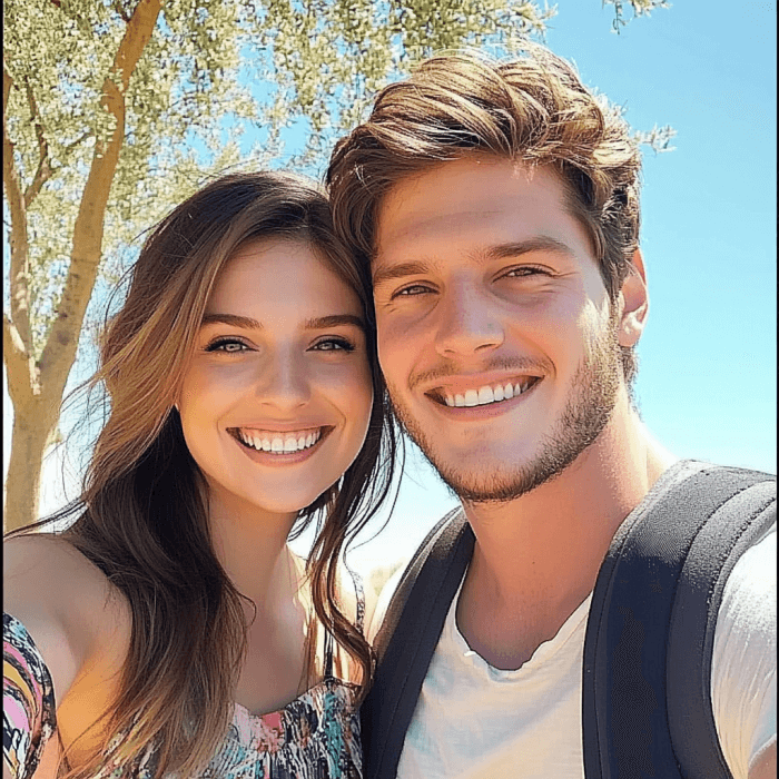 A pen drawing style photo to sketch photo selfie portrait of a young couple smiling happily under the sun.