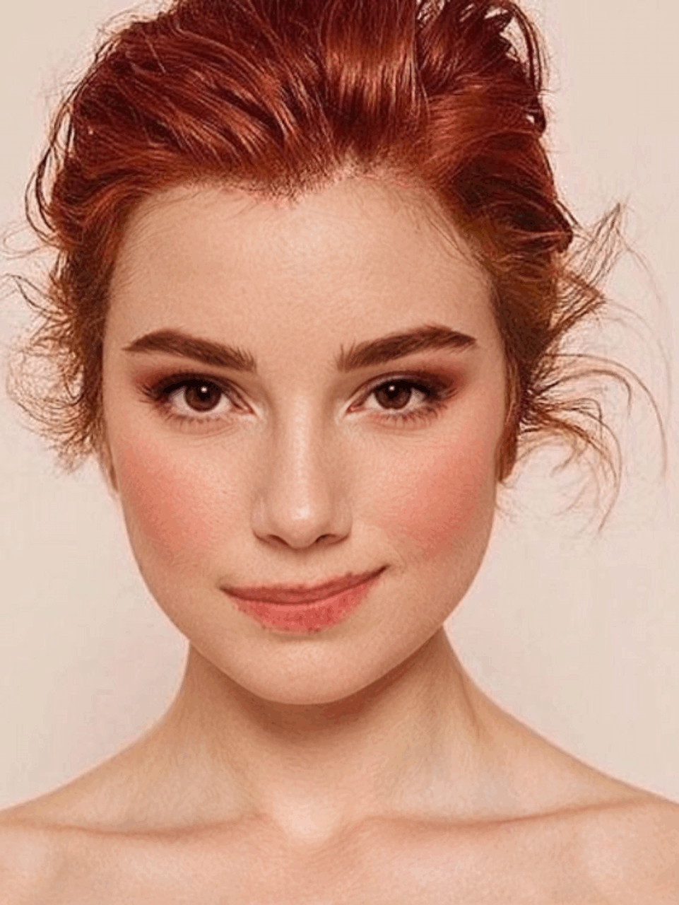 A photo retouching portrait of a young woman, reducing facial blemishes and enhancing her beauty.