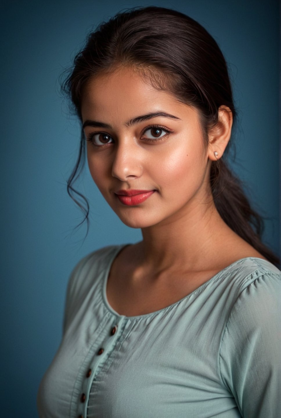 A dating profile picture of a young Indian woman wearing a casual T-shirt on a blue background