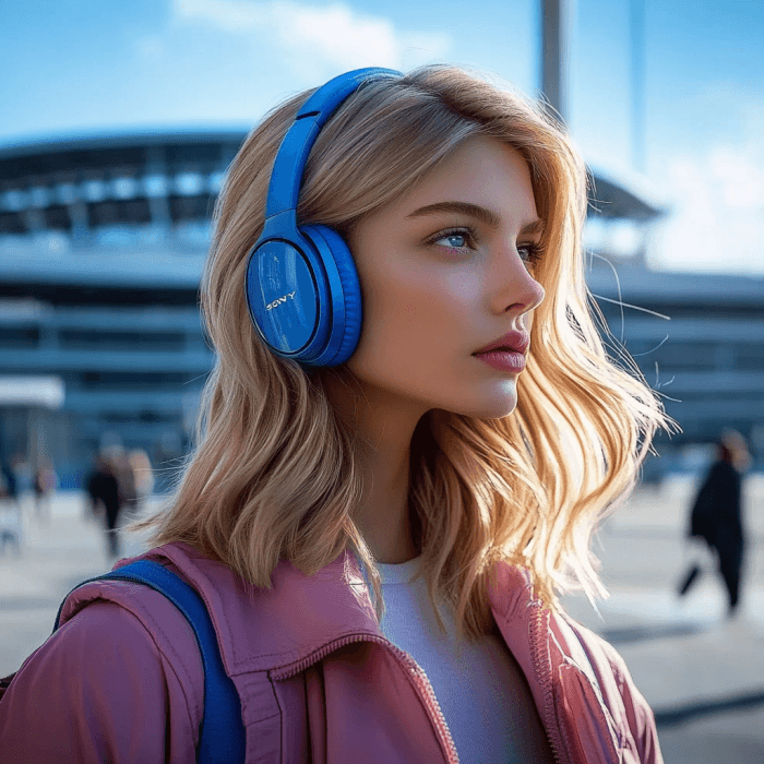 A needle pen style photo to sketch portrait painting of a young blonde girl wearing a pair of blue over-the-head headphones in a busy city street.