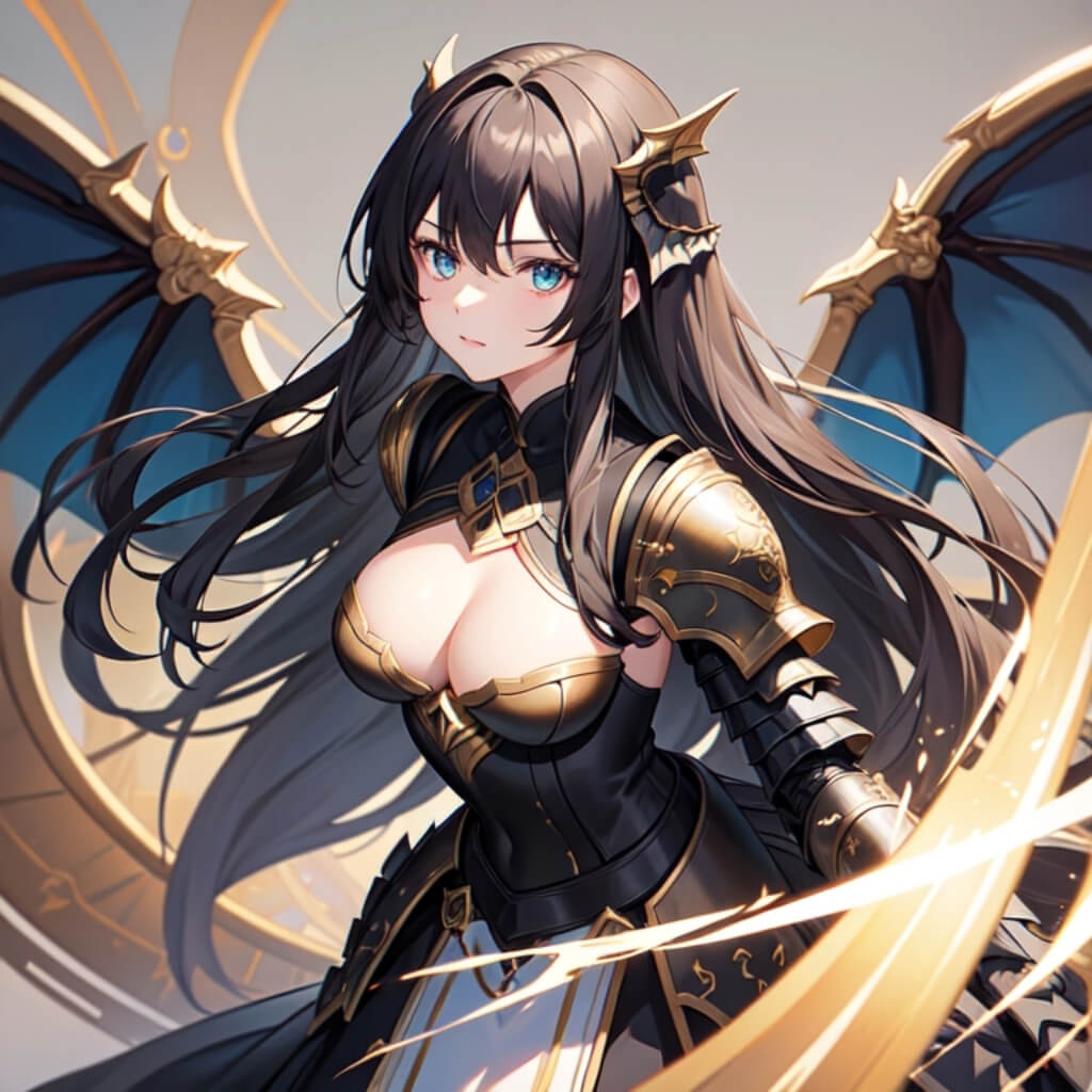 An anime style illustration of an adult female character with long hair, blue eyes, wearing a black armor.