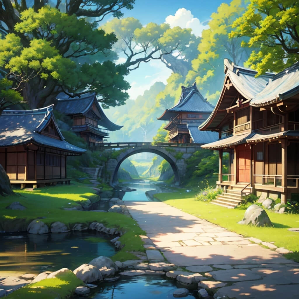 A fantasy anime-style illustration of an old Japanese village, overgrown with grass and trees with a wooden arched bridge.