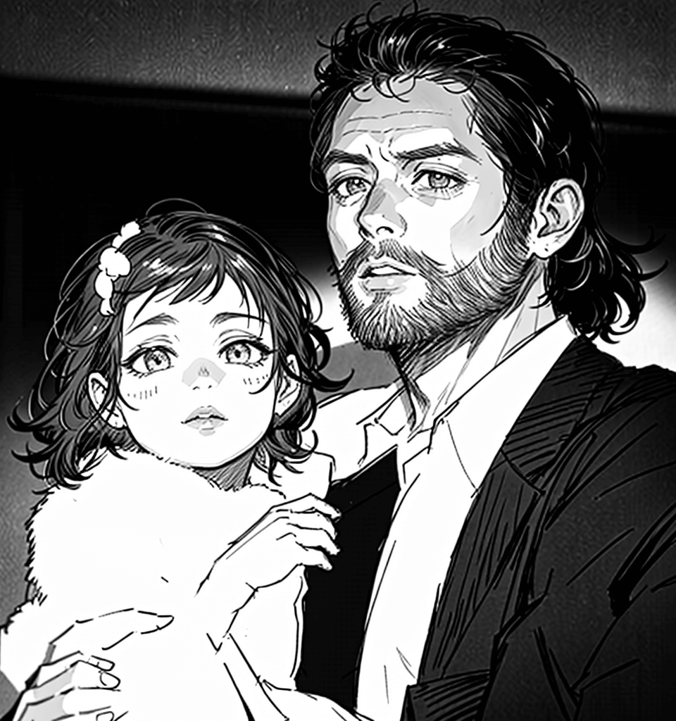 A US Comics style photo to sketch portrait of a dark-haired man in suits holding his baby daughter.