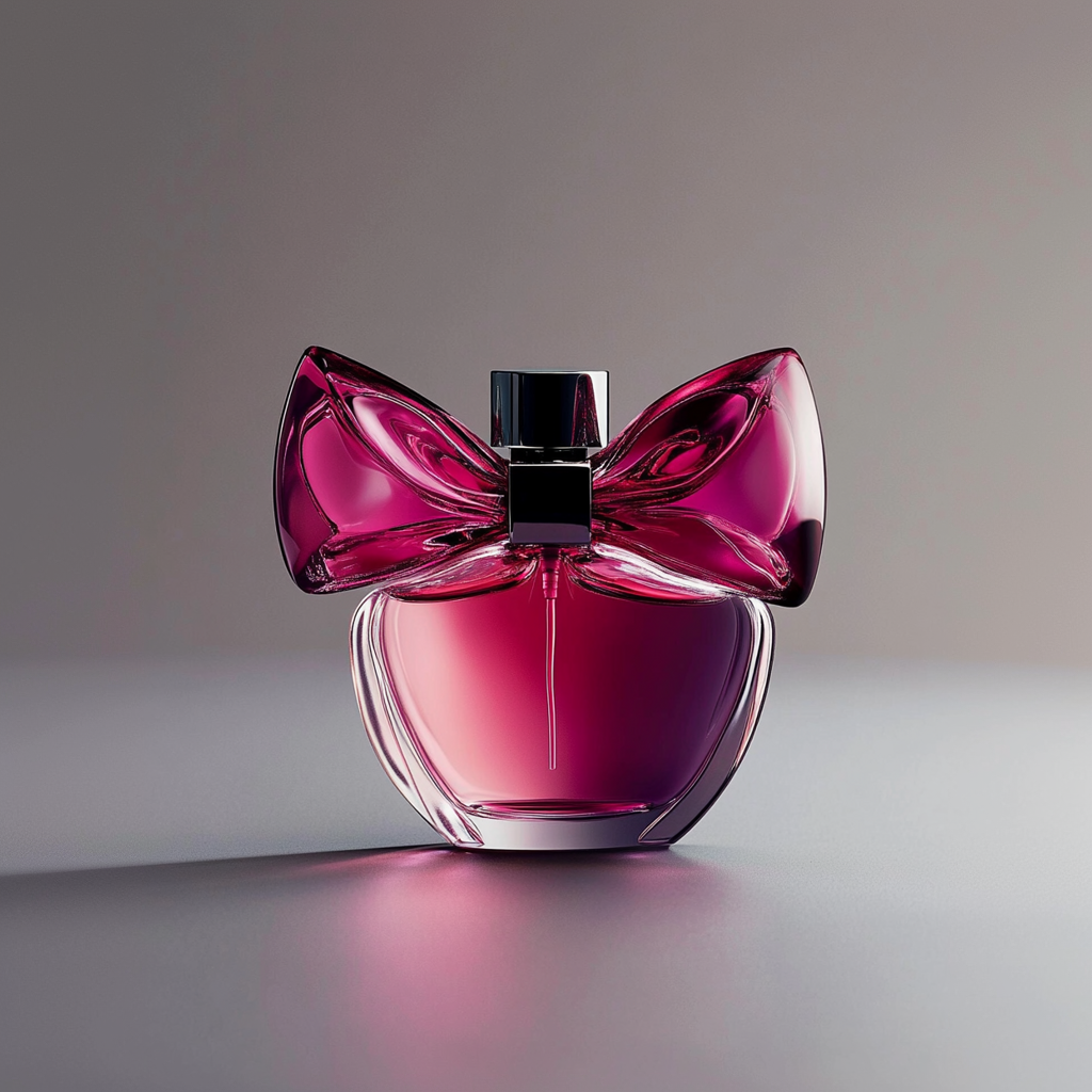 An e-commerce product image of a bottle of perfume displayed on a red booth with Christmas decorations in the background.