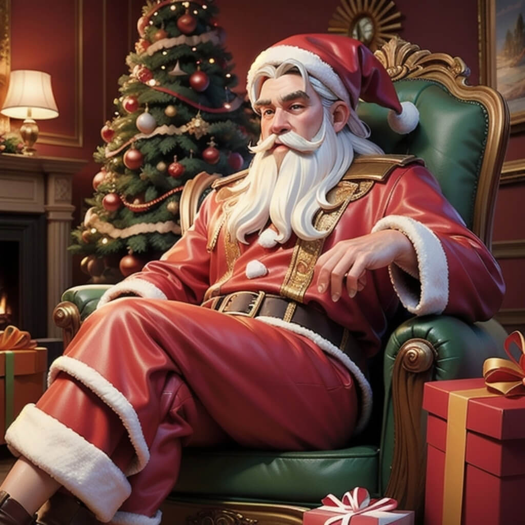 A photorealistic picture of Santa Claus sitting in an armchair, surrounded by Christmas presents and a decorated tree with colorful lights next to him. He has a white beard on his face and wears a red suit jacket and black pants. The room background should be dark brown with warm lighting. This photo will make the perfect wallpaper for my phone. It must look as if it was taken with a Nikon camera