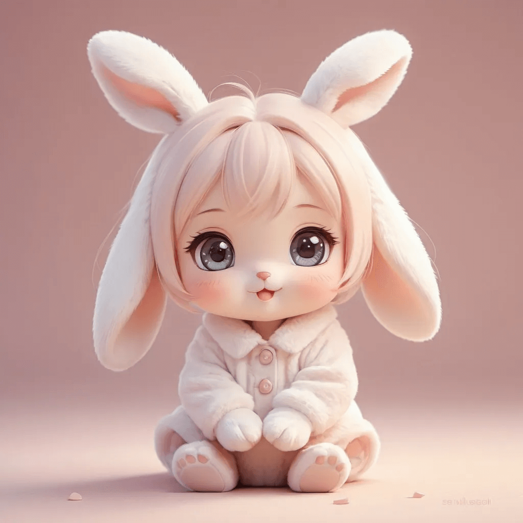 Cute chibi girl with rabbit ears, wearing a white bunny suit