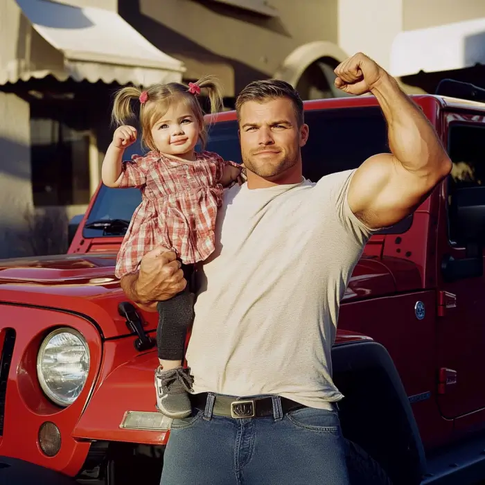 A photo to watercolor style photo of a strong father holding his daughter with one arm and flexing his muscles on the other arm