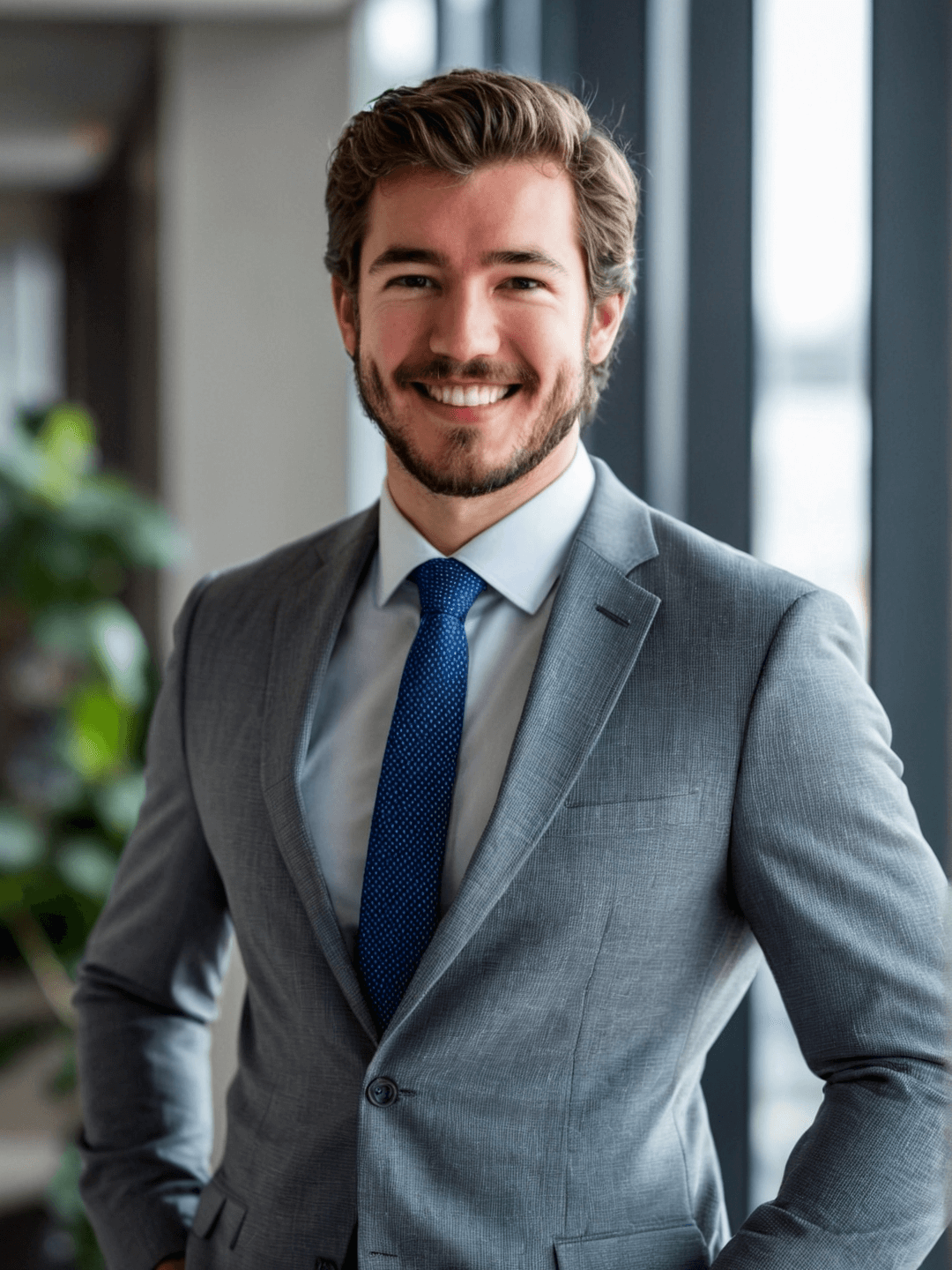 A picture of a man in a suit standing in the office.