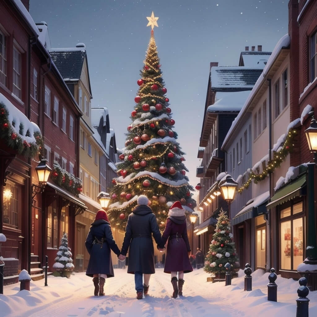 A festive Christmas street scene with people walking in the snow, adorned buildings decorated for the winter and twinkling lights, capturing an atmosphere of joyous celebration. This artwork, a digital painting with soft lighting and a touch of holiday charm, creates a warm feeling