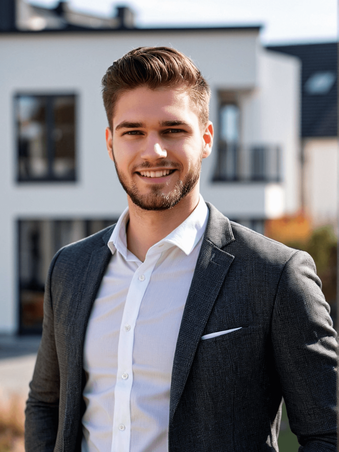 A professional portrait photograph, taken in front of a white modern house in Sweden, shows a happy real estate agent standing on the porch.