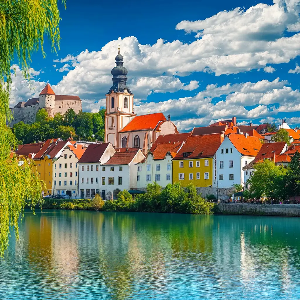 A photo to watercolor painting of a beautiful European town by the river. 