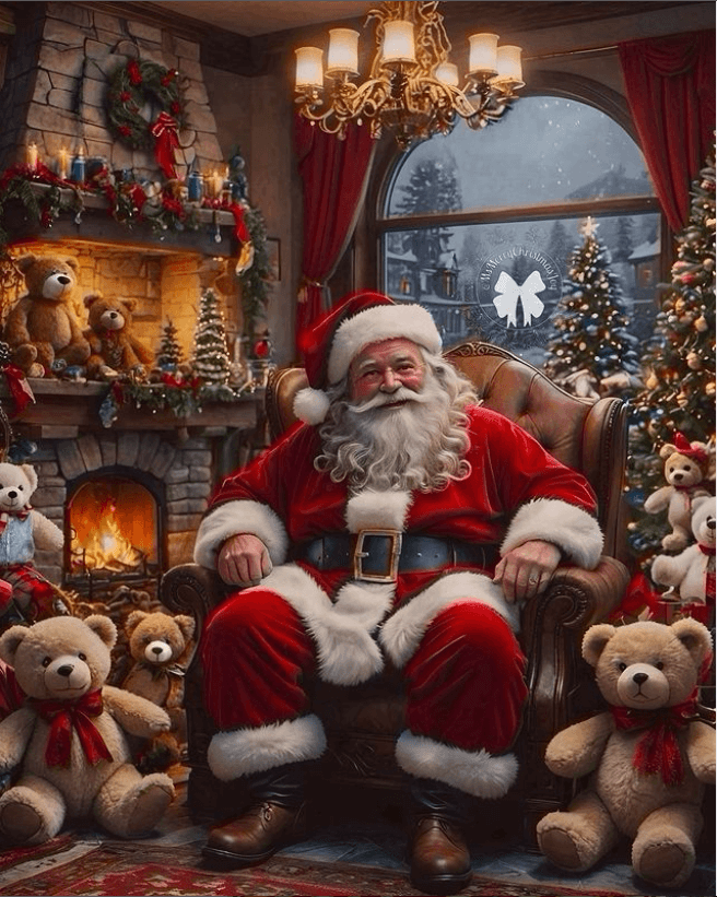 A realistic photograph of Santa Claus sitting in an armchair, surrounded by teddy bears, with a fireplace and Christmas tree visible behind him. The room is decorated for Christmas.