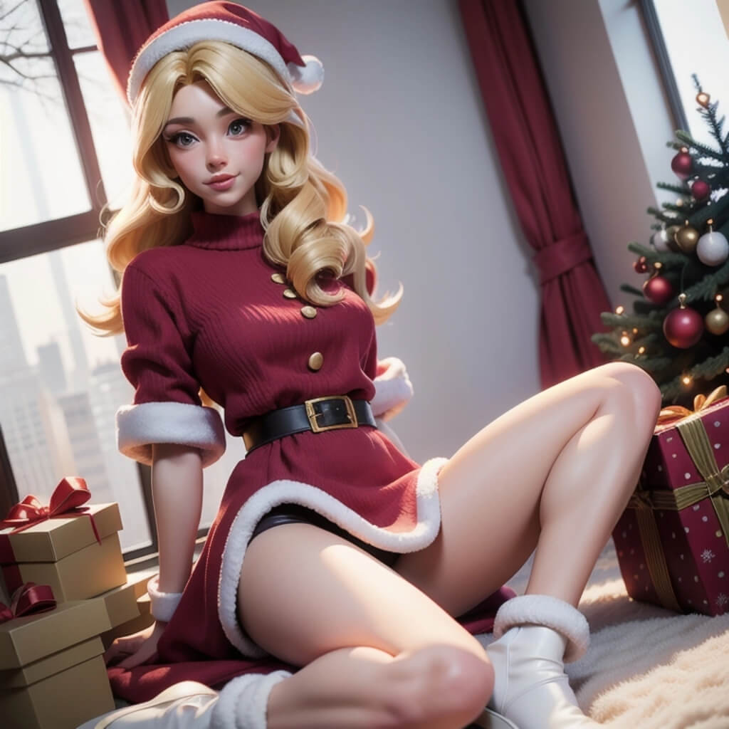 A beautiful woman in a Christmas outfit, wearing a Santa hat and a sweater dress with white fur trim, is sitting on the floor surrounded by presents near a window. Snow can be seen outside. She has an attractive, beautiful face with blonde hair. The full body shot shows her gorgeous legs and slim waist. The image is photorealistic