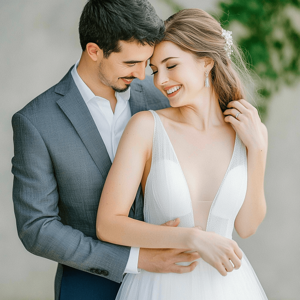 An outline drawing style photo to sketch portrait painting of a happily newly wedded couple. The bridegroom is hugging the bride from behind, and the bride is smiling fondly back at him. 