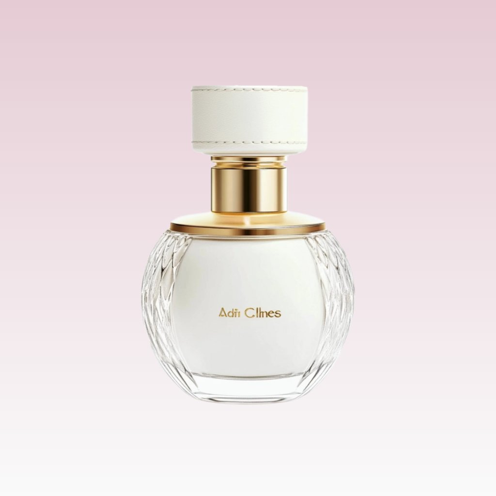 An e-commerce product image of a flat lay of a bottle of perfume on a pink colored background surrounded by small pink and white flowers.