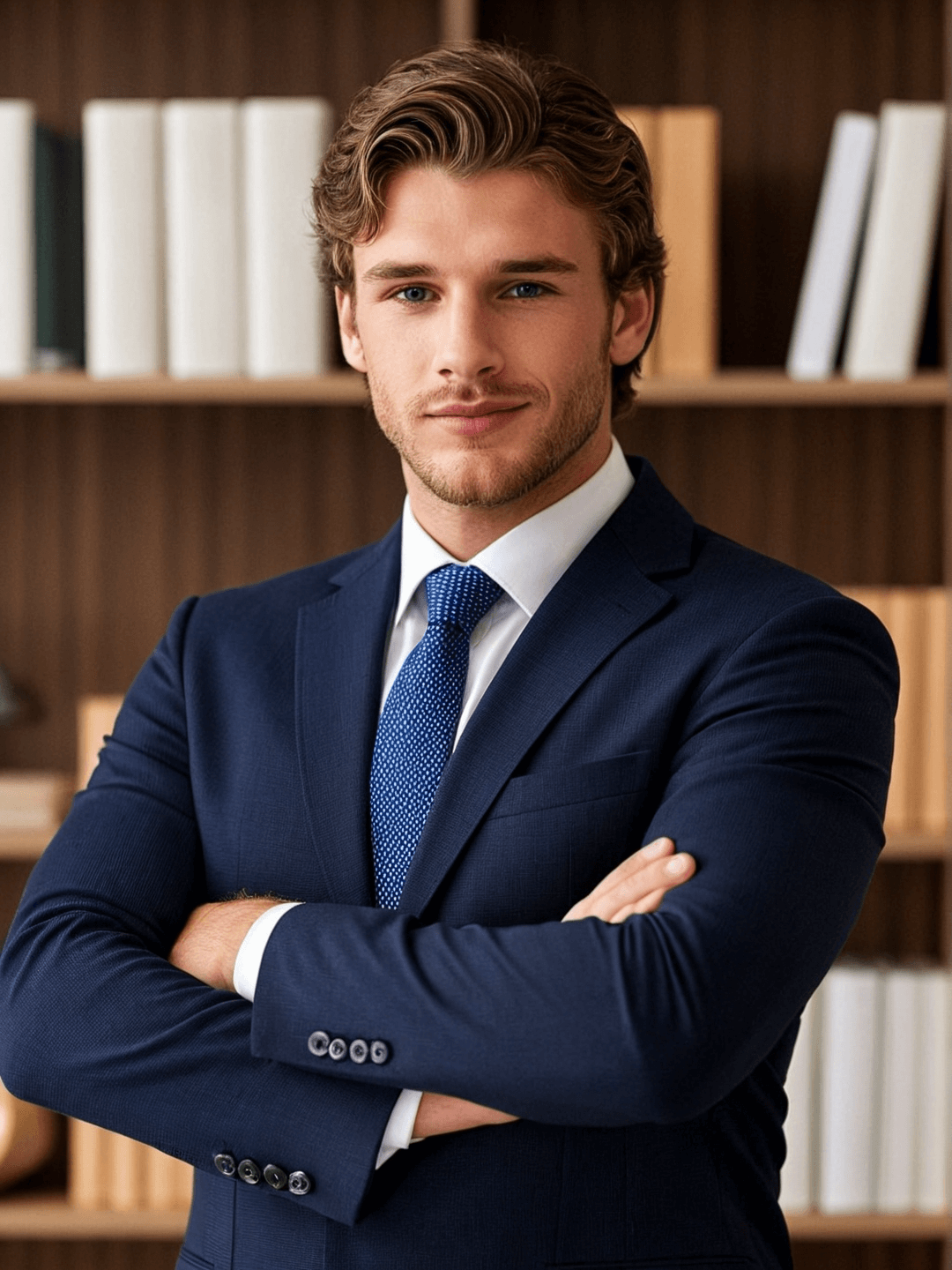 A picture of a man in a suit standing in front of a bookshelf.