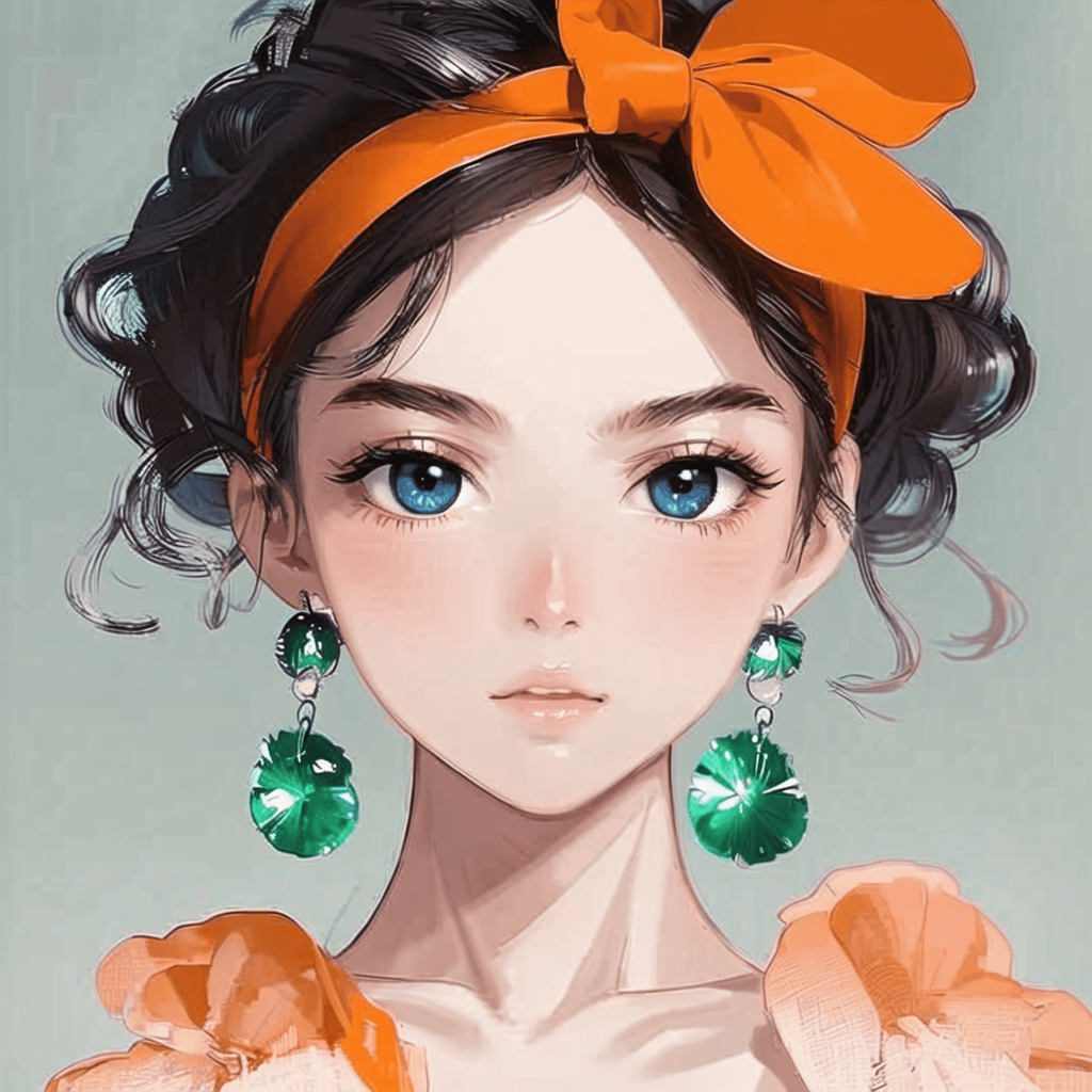 A photo to anime cartoon portrait painting of a girl wearing orange ribbons in her hair and huge emerald earrings.