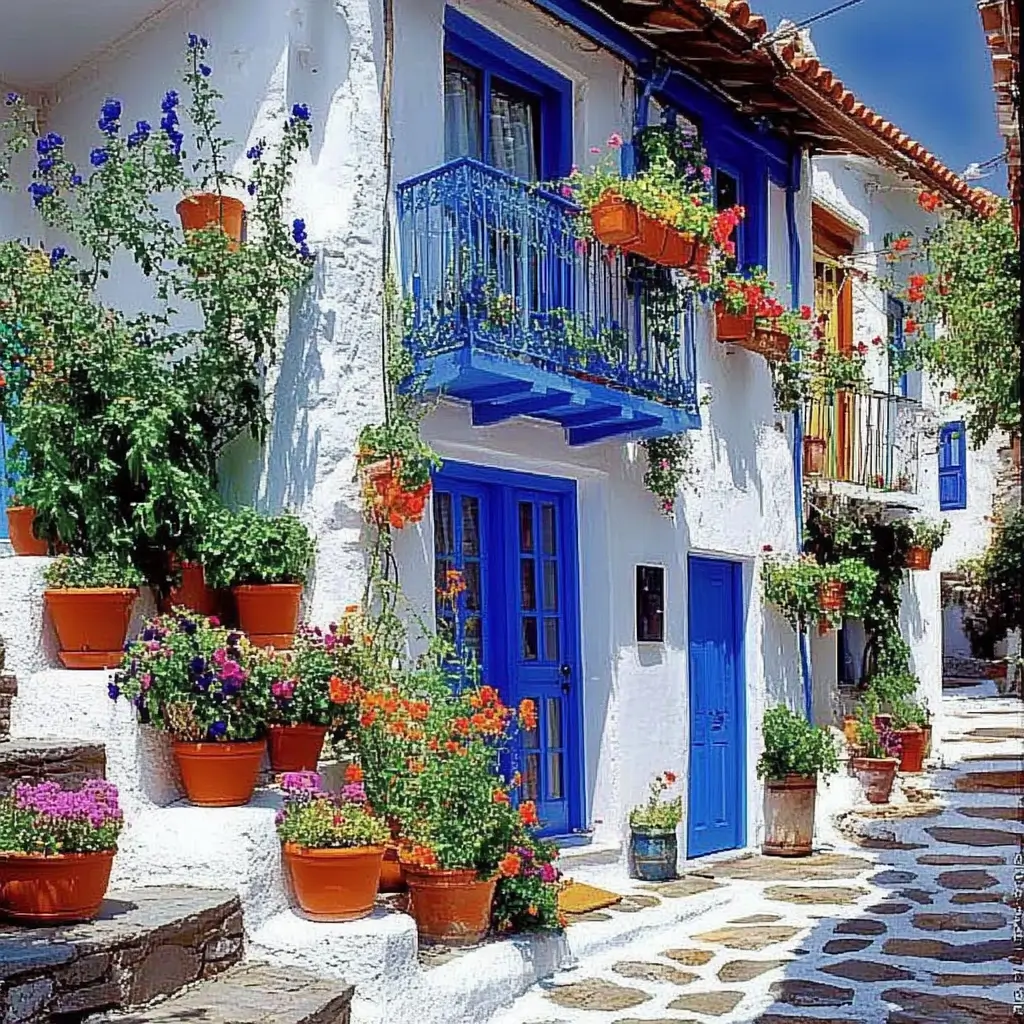 A watercolor style photo to painting of a sunlit Greek town alley with white walls, blue doors, and blooming houseplants.