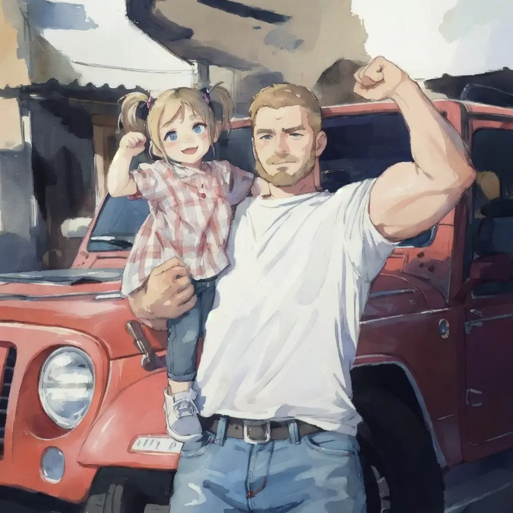 A photo to watercolor style photo of a strong father holding his daughter with one arm and flexing his muscles on the other arm