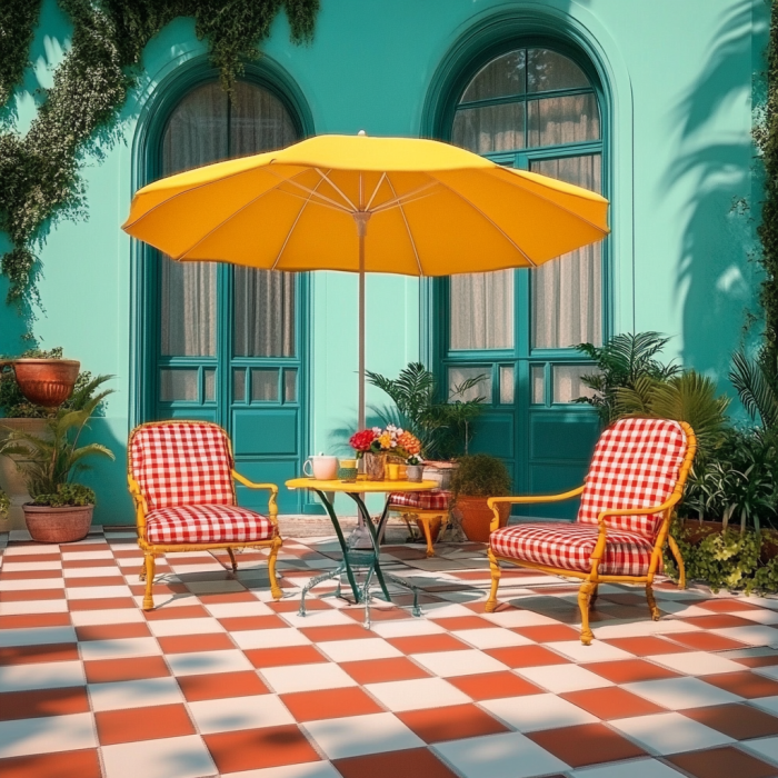 A pen drawing style photo to sketch image of a summer house courtyard