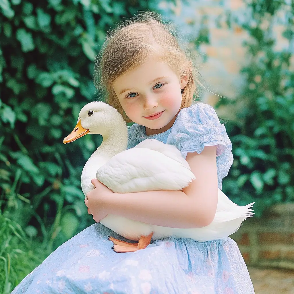 A photo to watercolor style painting portrait of a blonde baby girl in a blue dress holding a white duck.