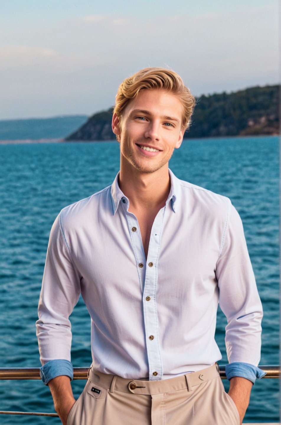 A dating profile picture headshot of a young Caucasian man standing by the sea waterfront