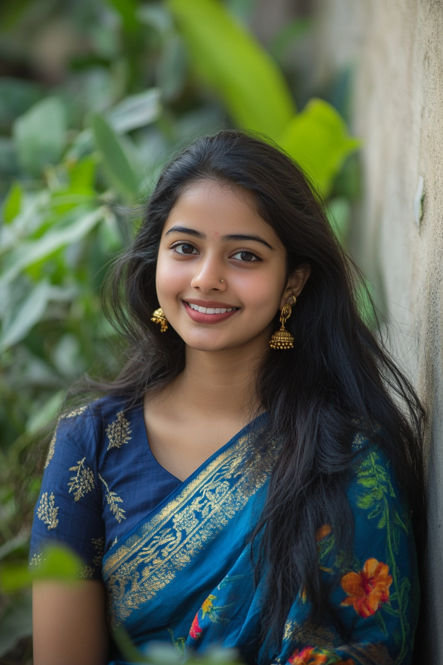 A dating profile picture of a young Indian woman wearing a casual T-shirt on a blue background