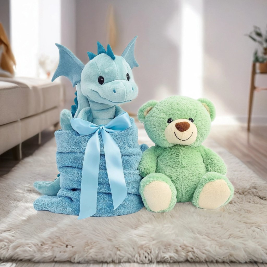 An e-commerce product image of a pair of plush baby toys displayed on a simplistic wooden table with a Christmas tree in the blurry bokeh effect background.