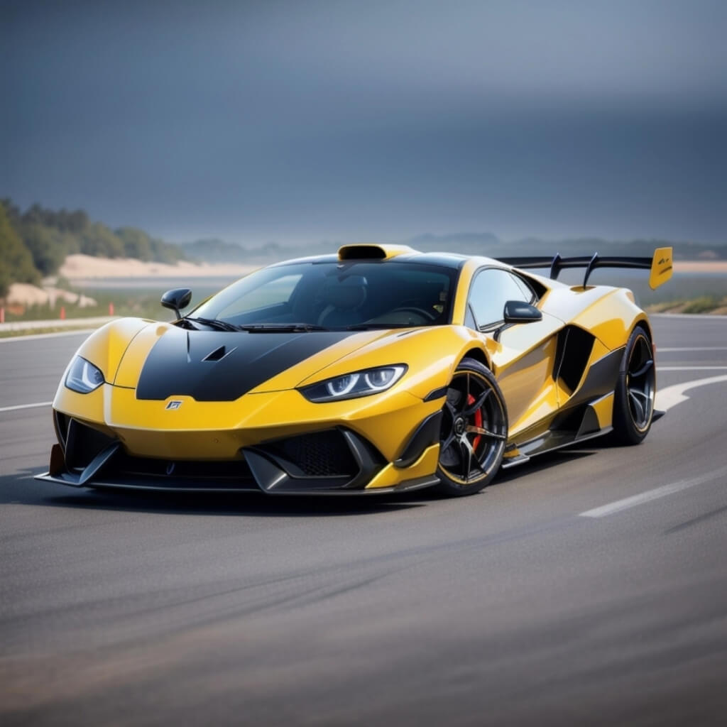 A CG style illustration of a glossy yellow-and black futuristic race car with a wide body, large front headlights, large side mirrors, and high-performance car-style features.