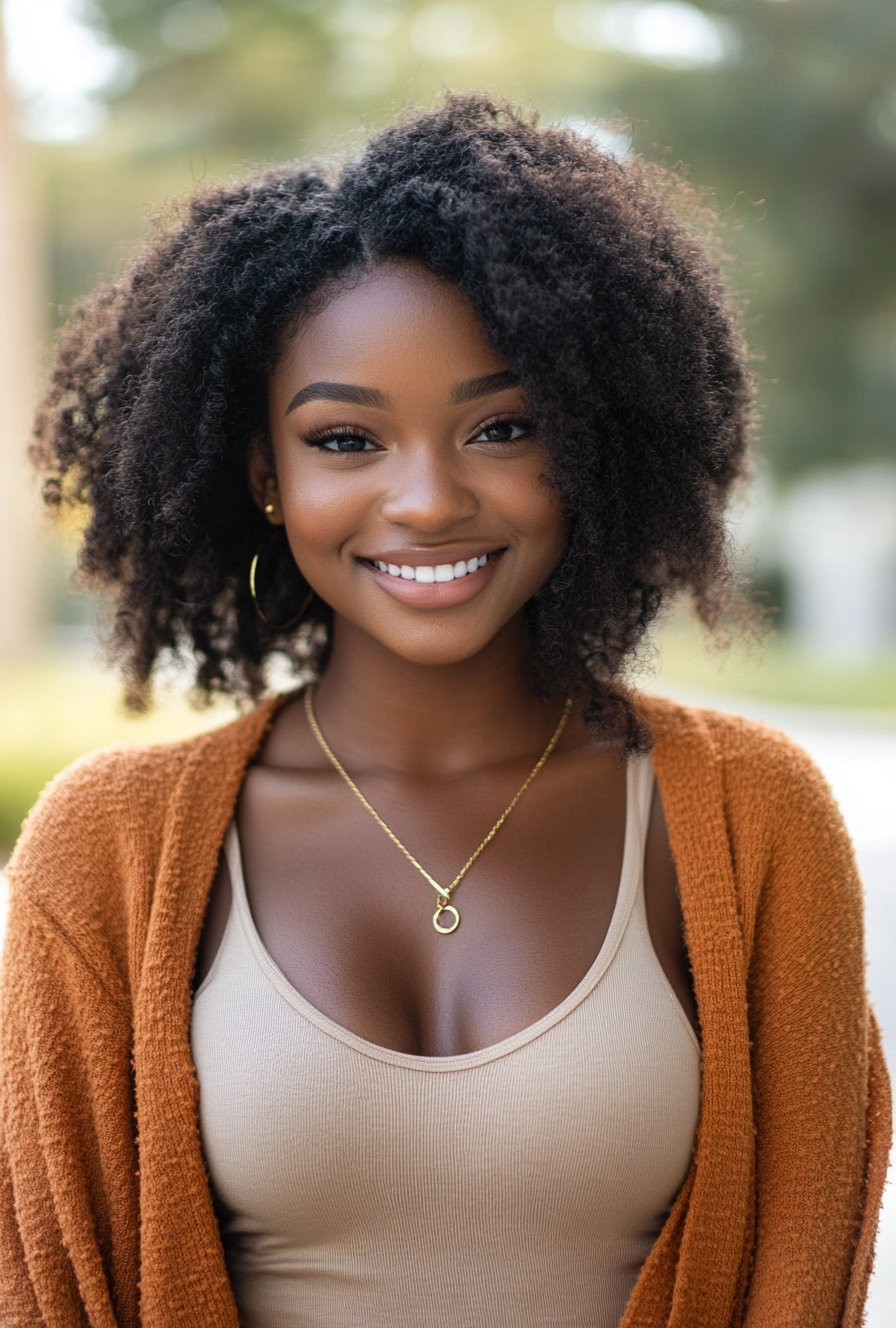 A dating profile picture of a smiling young African woman wearing a casual knitwear on a bronze background