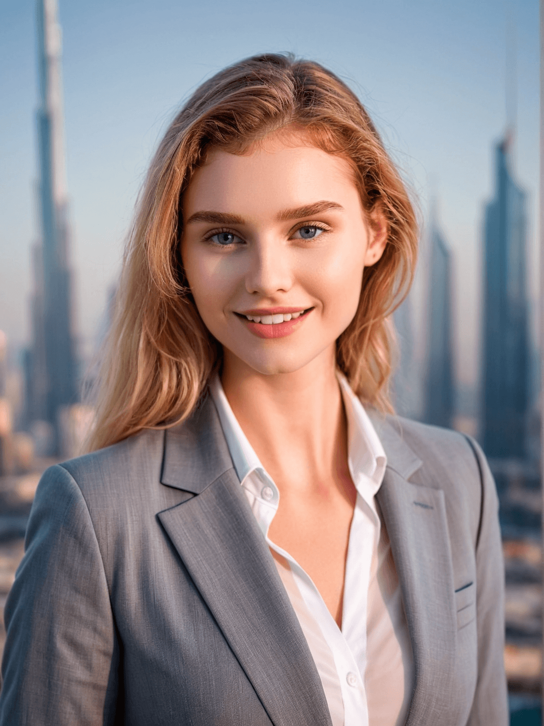 A portrait of a businesswoman , wearing grey suit and white blouse in front the skyline of Dubai.