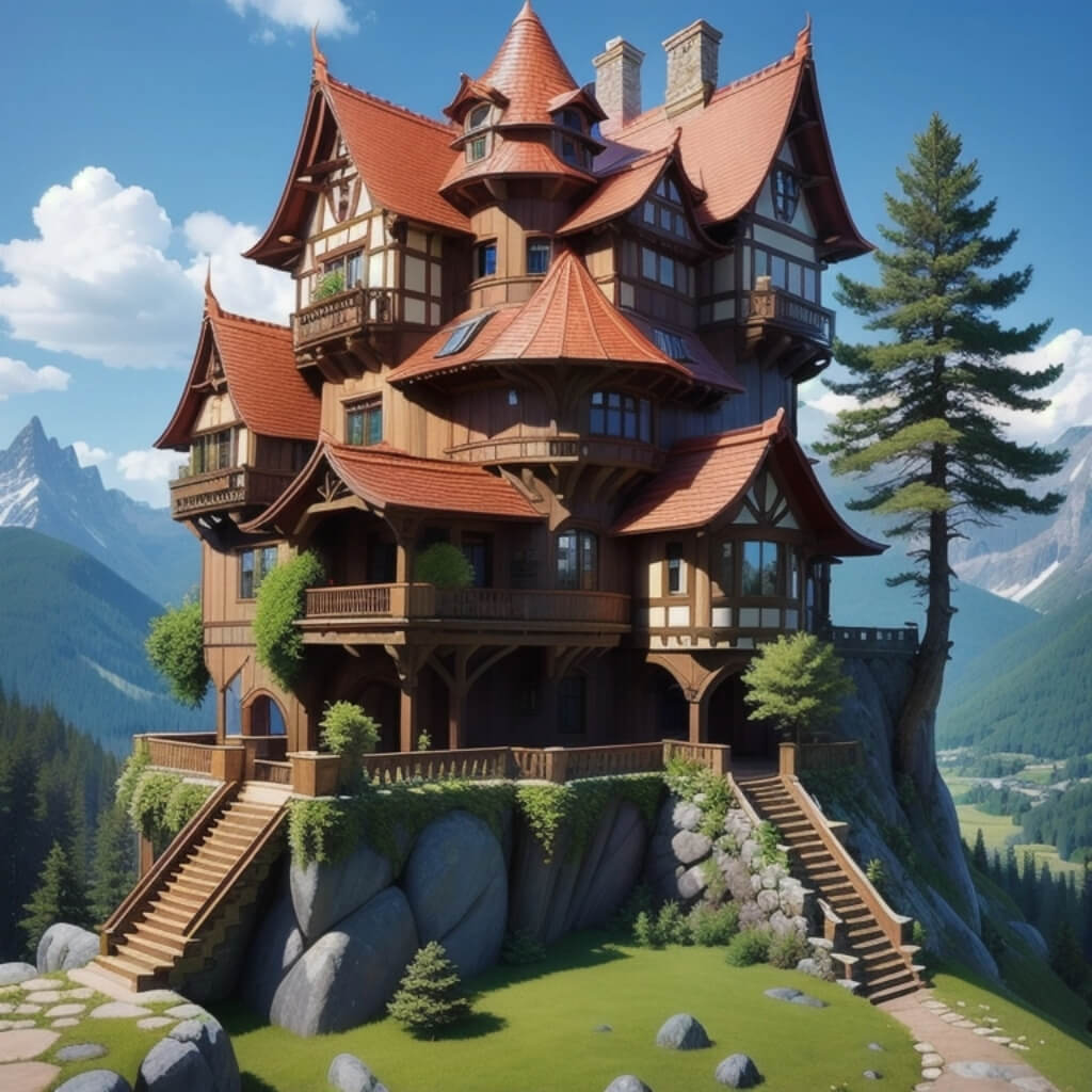 A cartoon style castle with towering turrets, nestled on the edge of an alpine mountain range. The walls and roof have red tiles that contrast beautifully against the blue sky above. In front is a grand entrance lined by tall trees. There's lush greenery around it, creating a serene atmosphere. This picturesque scene would be perfect for a fantasy or adventure-themed game, with a focus on natural beauty and majestic architecture