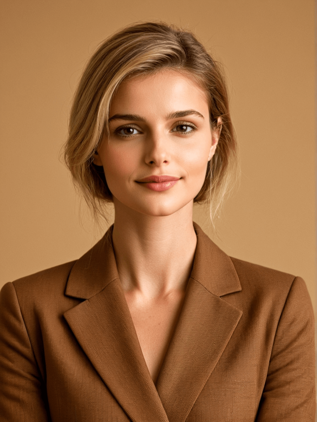 A professional product photo of an elite white-collar woman wearing brown professional attire with a beige background.