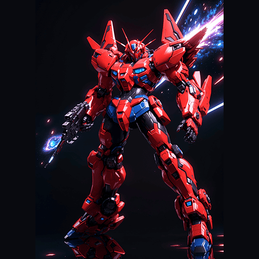 A realistic anime style illustration of Gundam in red color shooting an energy lasers.