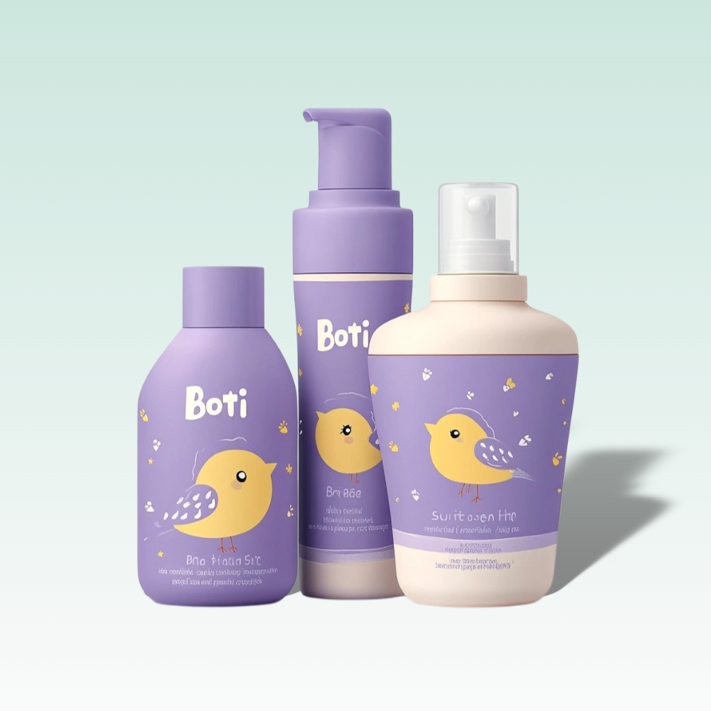 An e-commerce product image of a set of baby skincare products displayed on a podium surrounded by blue sky and white clouds.