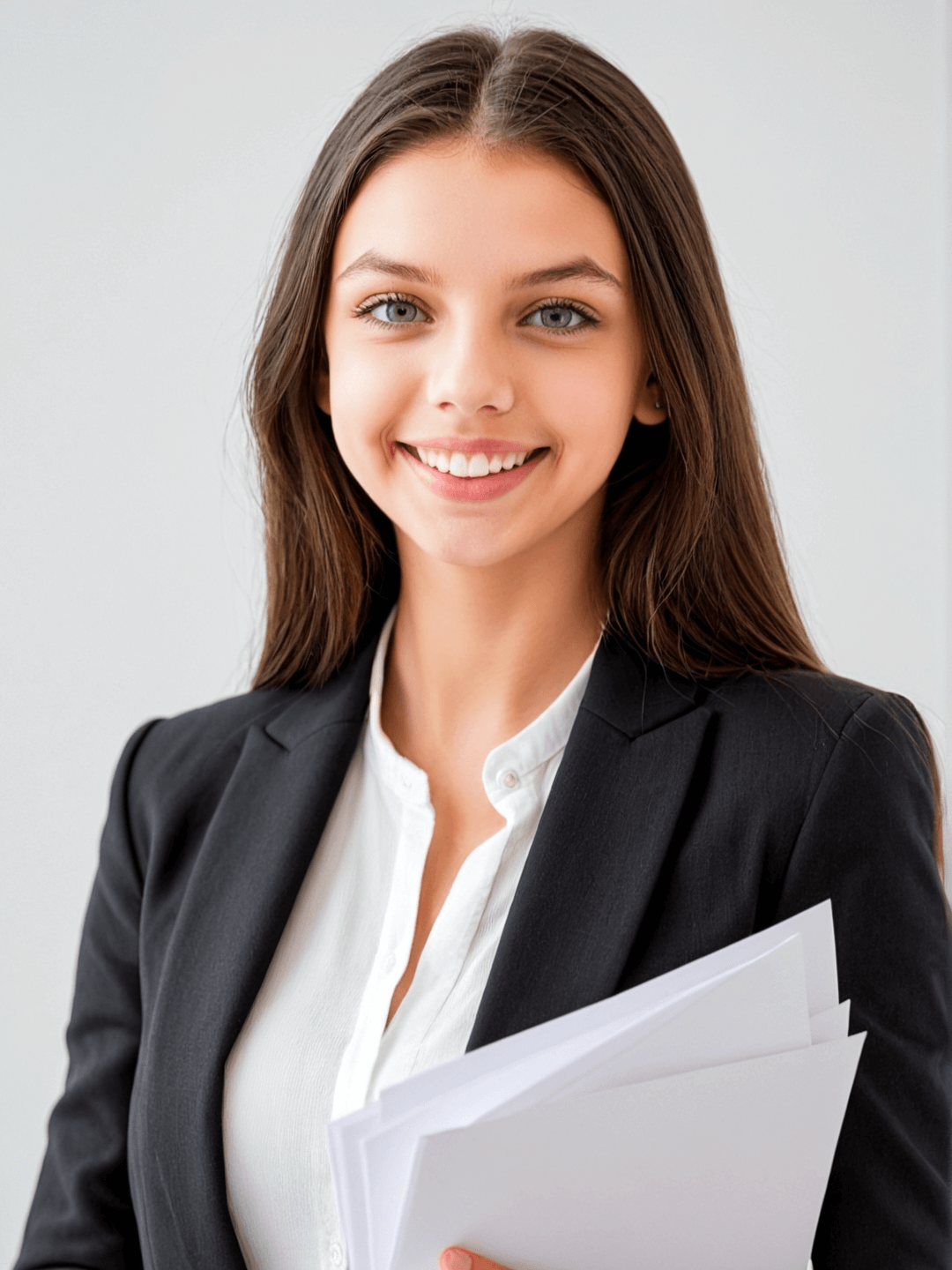 A professional photo of a woman in a suit on a gray background.