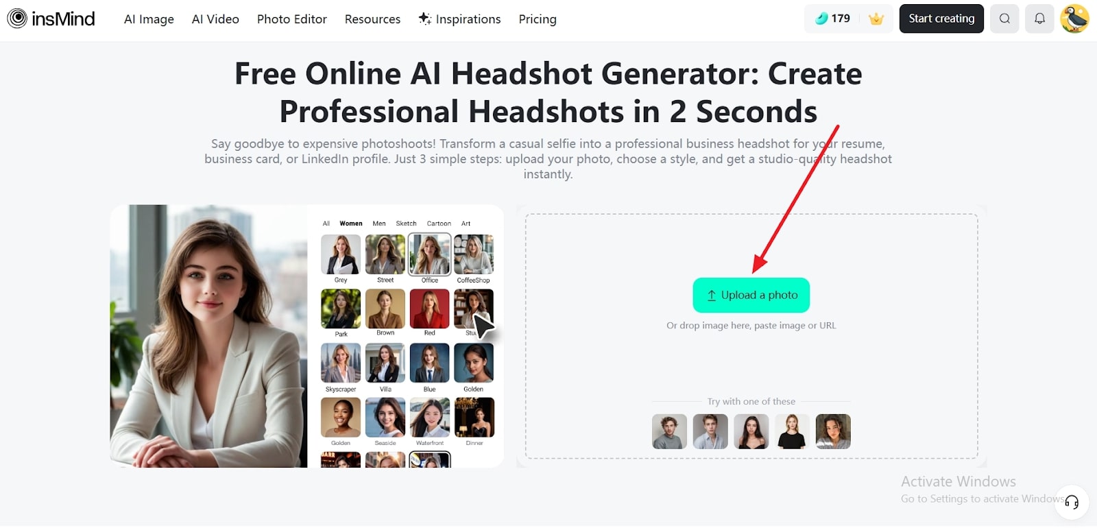 Transform your photo with the insMind AI headshot generator