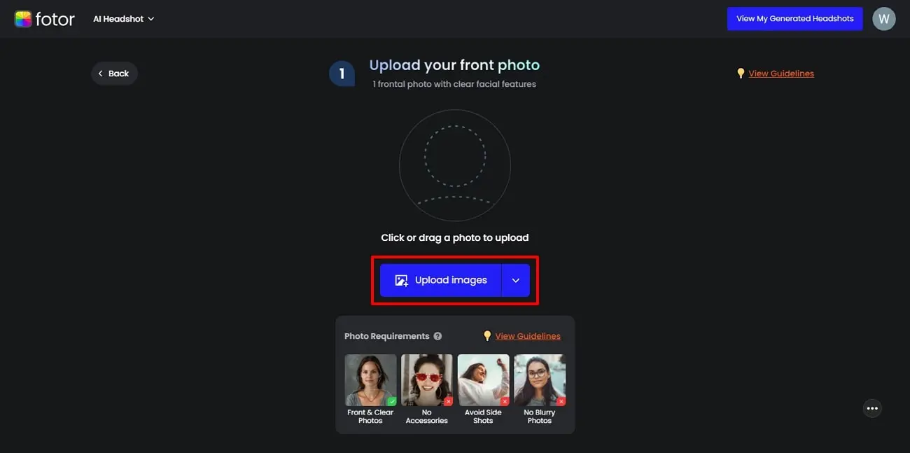 Screenshot that shows how to upload a photo in Fotor for ai yearbook generation