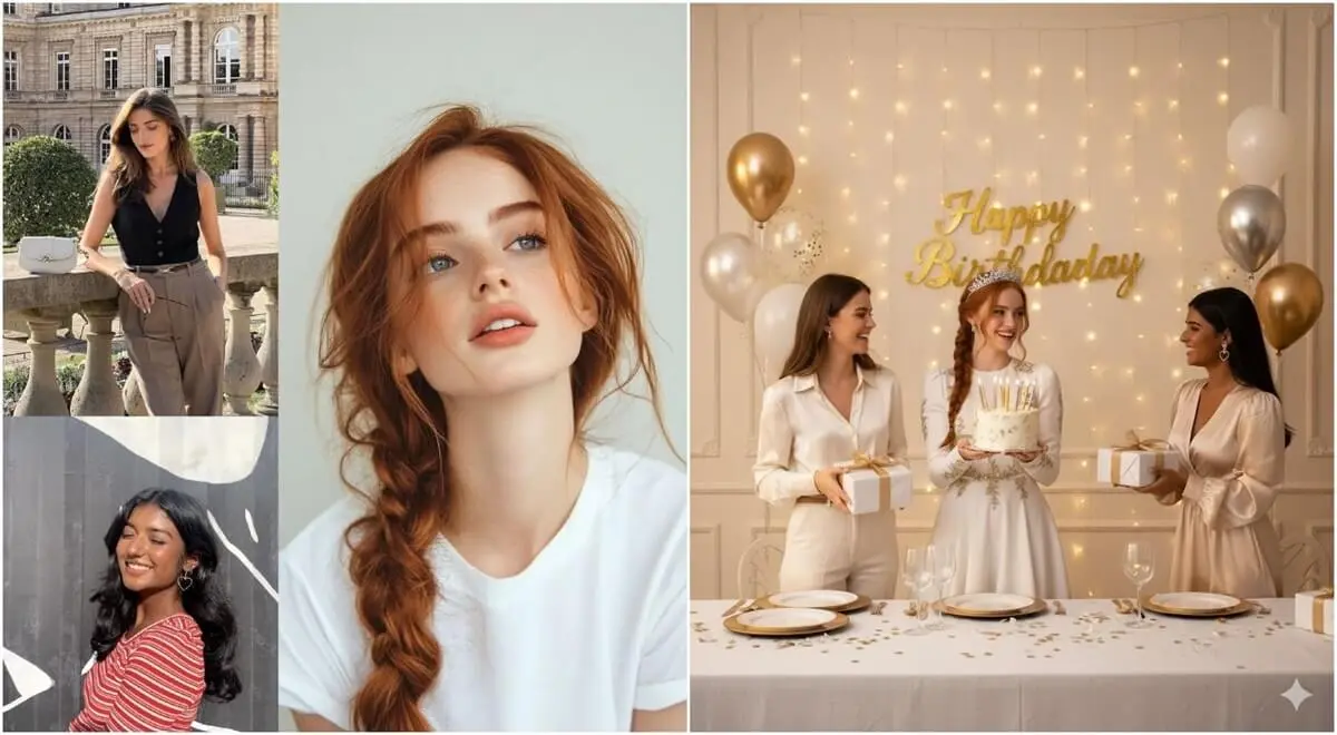 Produce a lively birthday group portrait using the AI group photo tool for event-style images.