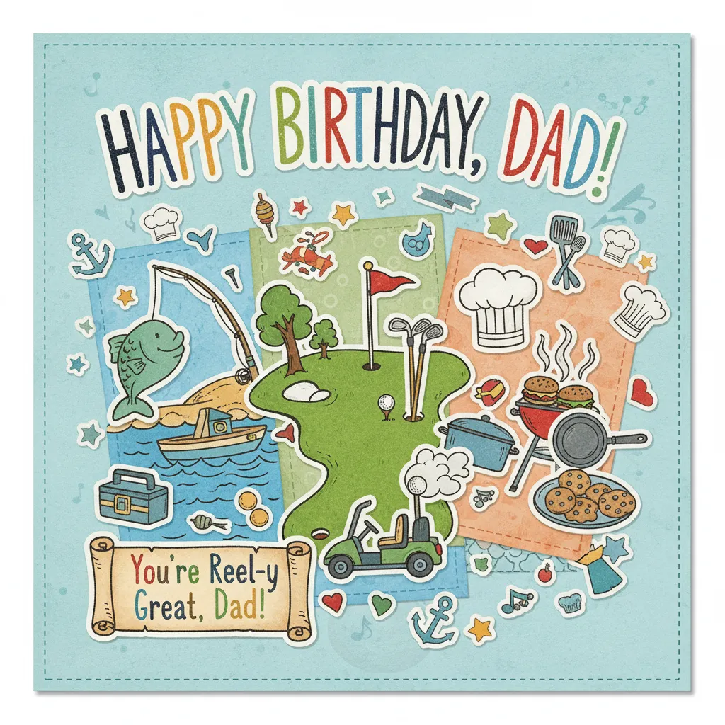 Hobby Birthday Card for Dad A fun birthday card for Dad with illustrations related to hobbies like fishing, golf, or cooking, paired with a playful message.