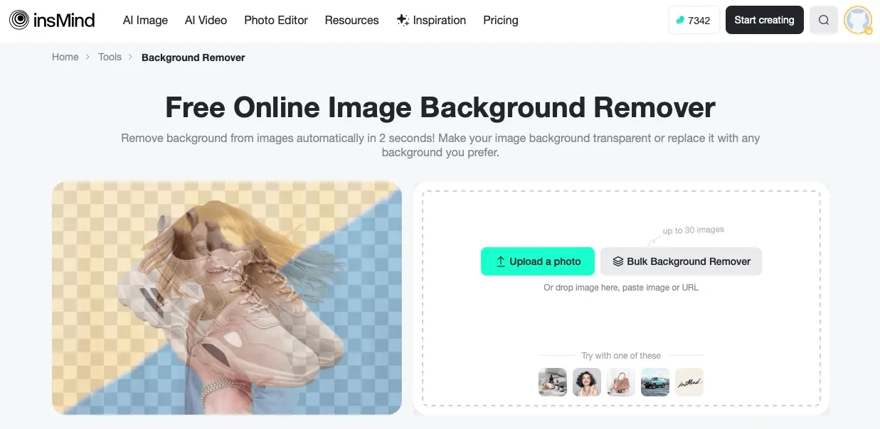 Instantly erase backgrounds without software installation using insMind’s browser-based tool.