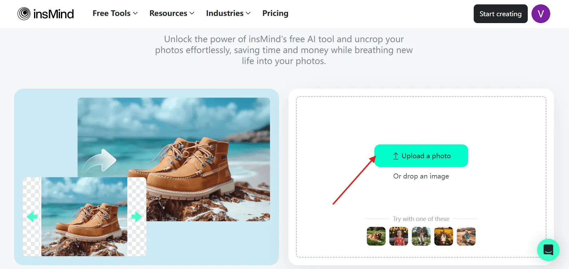 screenshot shows the process of uploading your photo to insMind Uncrop AI