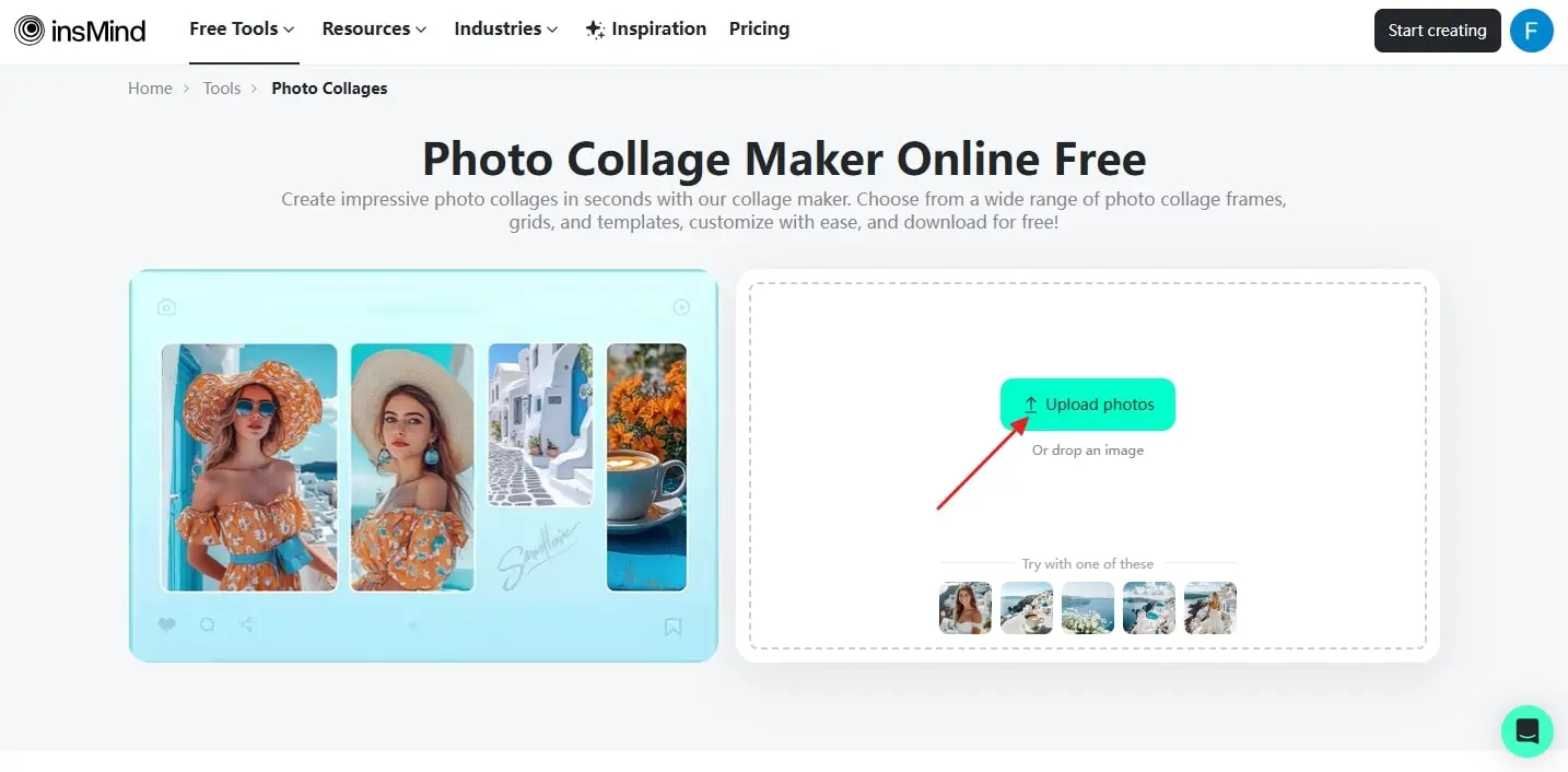 click upload photos button to make your photo collage